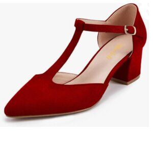 miss left Red Pointed Toe Pumps with T-Strap D'Orsay Low Block Heels Dress Shoes